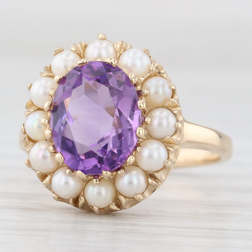 Light Gray Vintage 2.50ct Amethyst Cultured Pearl Halo Ring 14k Yellow Gold Size 7