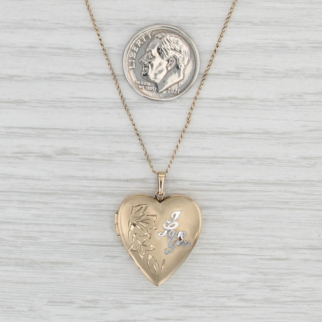 Vintage I Love You Heart Locket Pendant Necklace Gold Filled 18.75" Curb Chain
