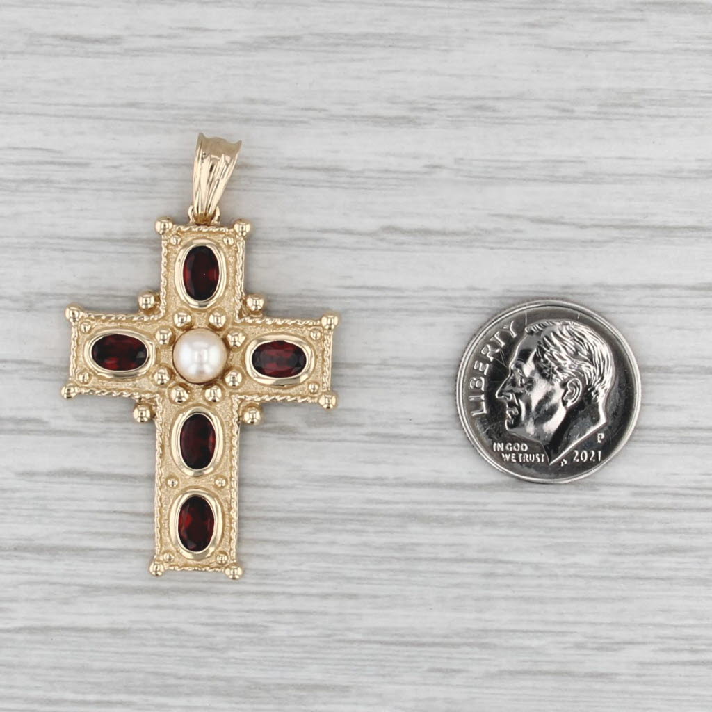 2ctw Garnet Cultured Pearl Cross Pendant 14k Yellow Gold Ornate
