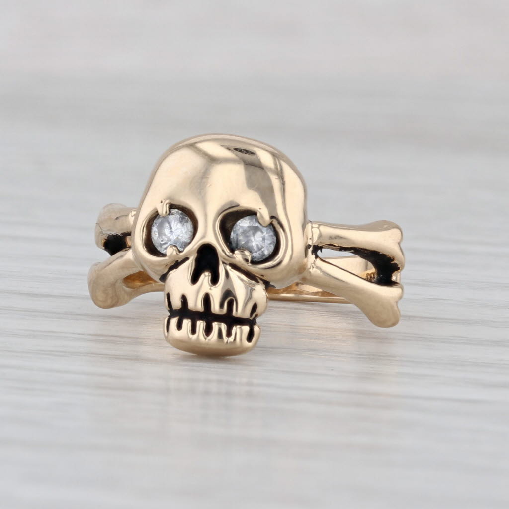 Gothic Biker Skull Ring Cubic Zirconia 14k Yellow Gold Size 6.5