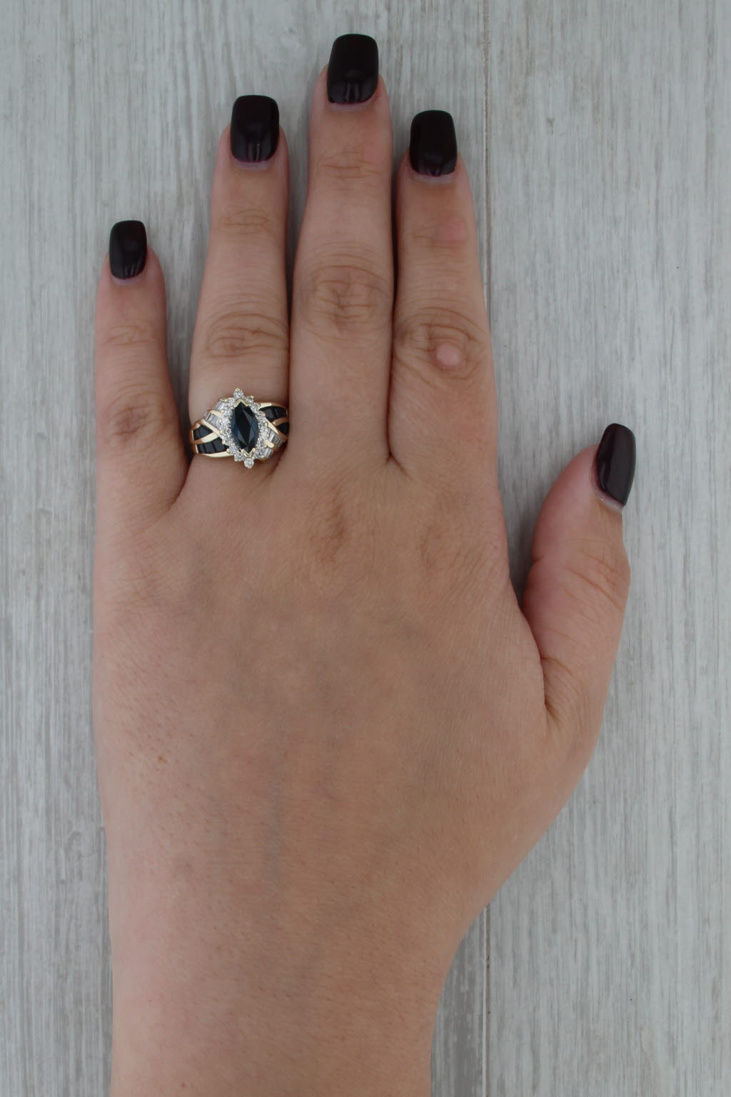 Marquise Blue Sapphire Diamond Halo Ring 14k Yellow Gold Size 6 Bypass