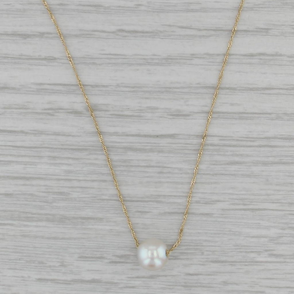 7.5 mm Cultured Pearl Solitaire Bead Necklace 14k Gold 19" Singapore Chain