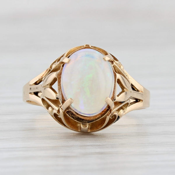 Light Gray Vintage Ornate Opal Ring 18k Yellow Gold Size 5.25 Oval Cabochon Solitaire