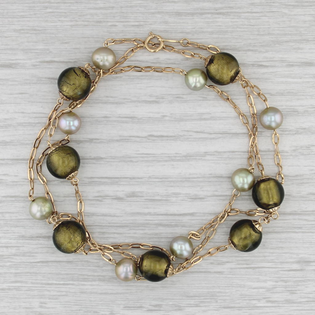 Cultured Pearl Green Glass Bead Station Necklace 14k Yellow Gold 28" Statement