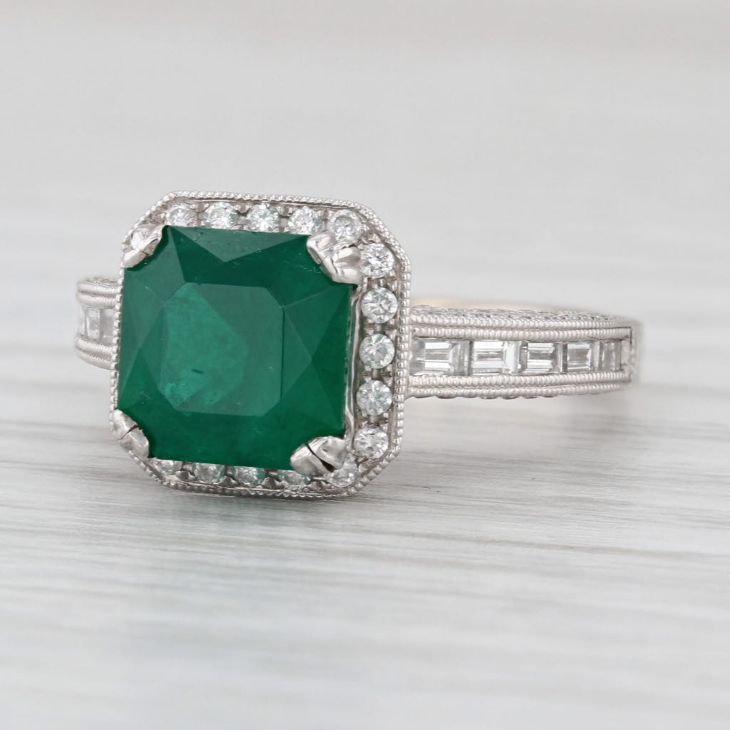 S Kashi 3.15ctw Emerald Diamond Halo Ring 14k White Gold Size 5.25 Engagement