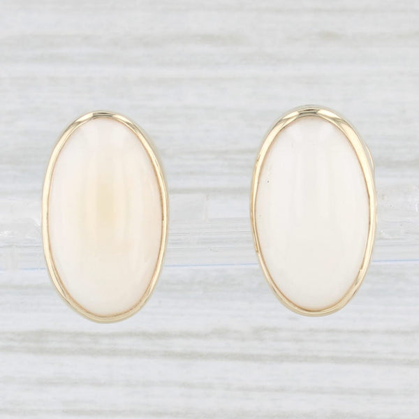 Light Gray White Coral Oval Cabochon Drop Earrings 14k Yellow Gold Pierced Omega Backs