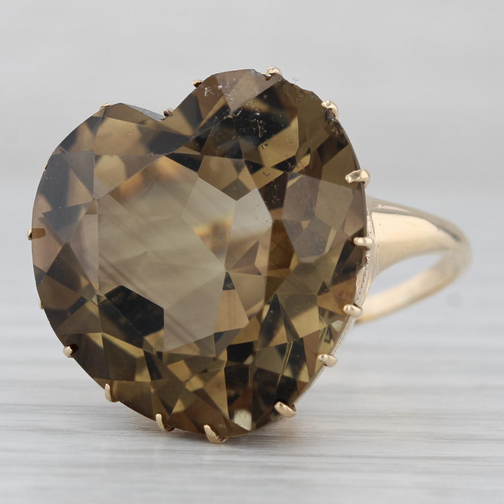 Gray Large 26ct Smoky Quartz Heart Ring 14k Yellow Gold Size 7.25 Statement Cocktail