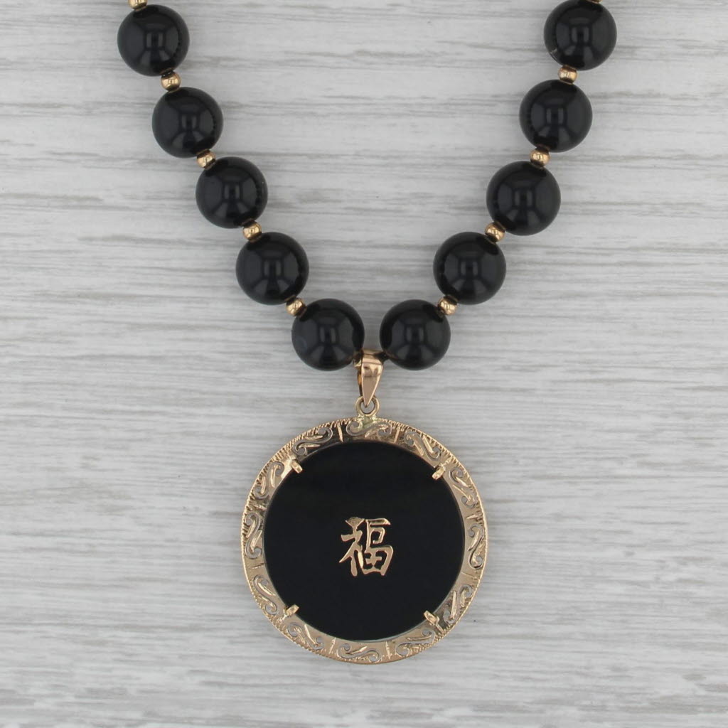 Gemstone Chinese Dragon Pendant Onyx Bead Necklace 14k Gold 21.25" Strand