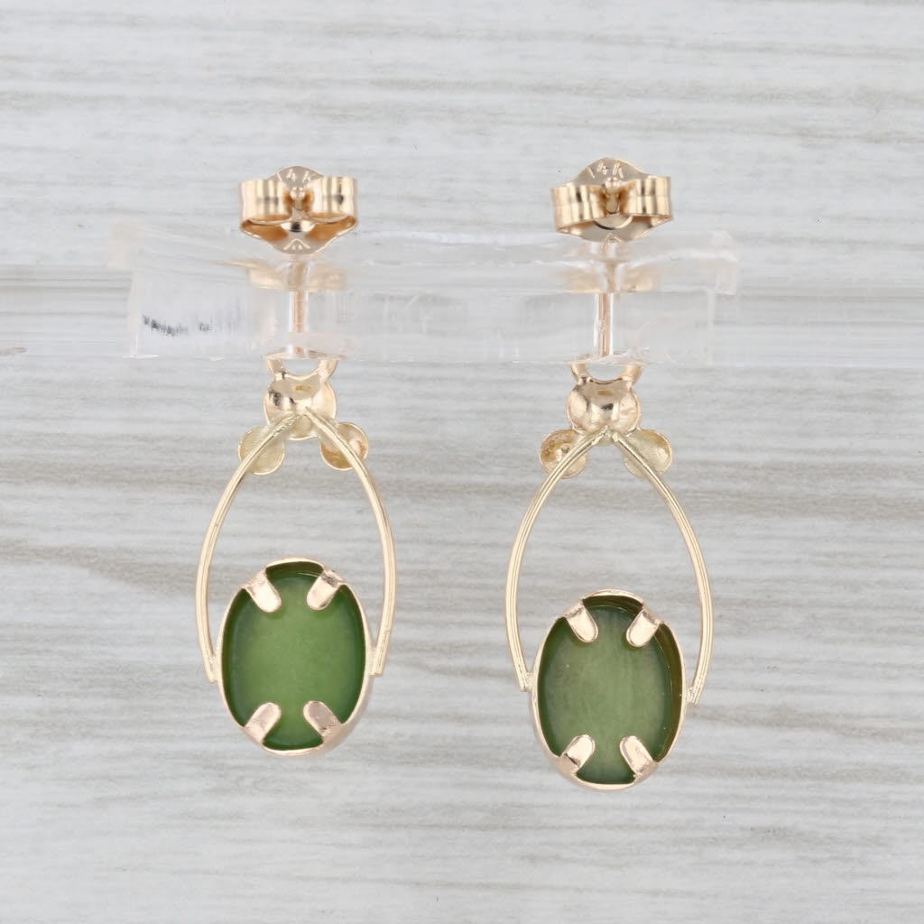 Green Nephrite Jade Dangle Earrings 14k Yellow Gold Oval Cabochon Drops