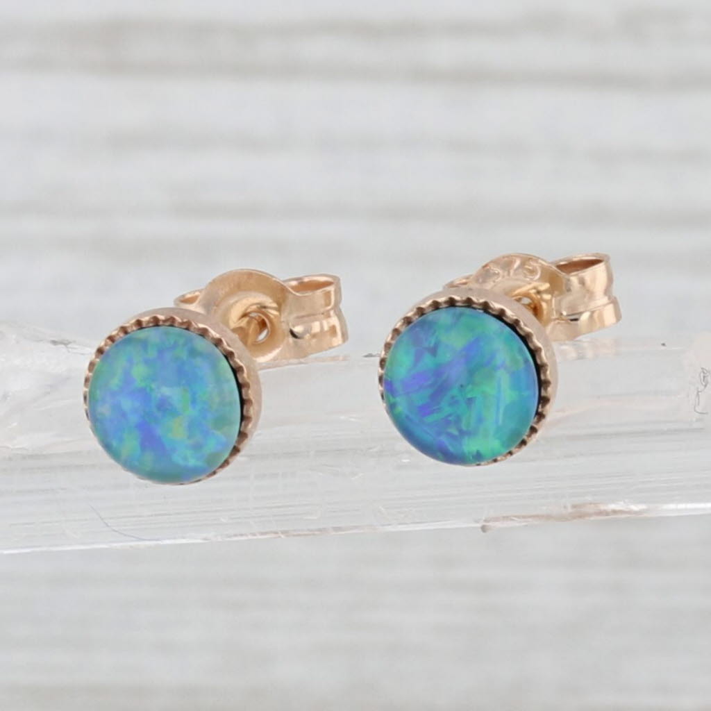 Light Gray Blue Green Opal Stud Earrings 9k Yellow Gold Roud Cabochon Bezel Set