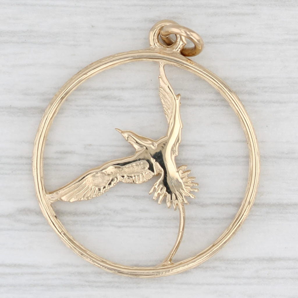 Light Gray Soaring Bird Framed in Gold Circle Pendant 14k Yellow Gold Charm