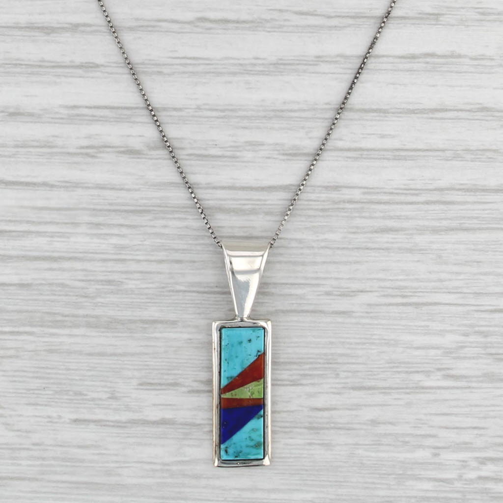 Stone Mosaic Pendant Necklace Sterling Silver Box Chain Shell Turquoise Lapis