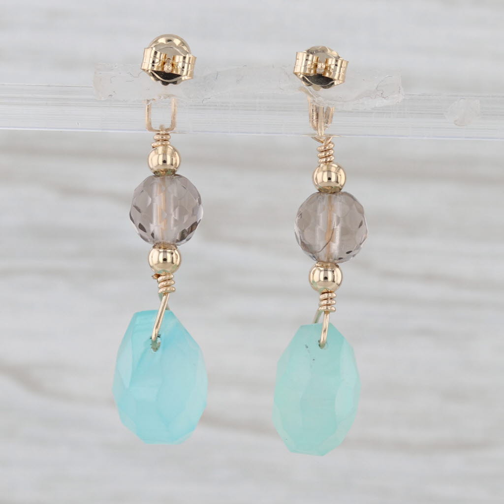Aqua Praisiolite Amethyst Glass Bead Dangle Earrings 14k Yellow Gold Drops