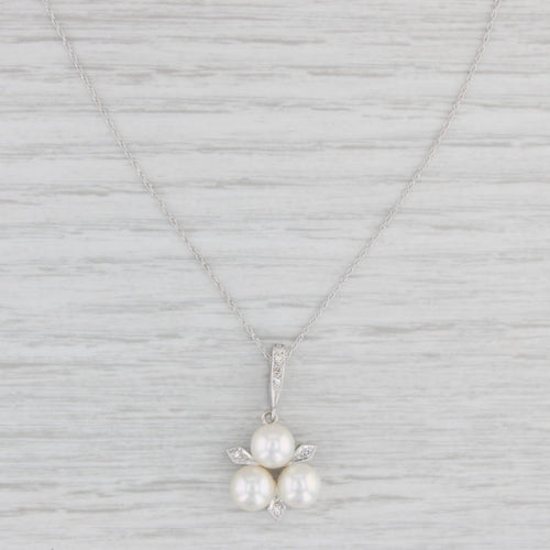 Light Gray Vintage Cultured Pearl Diamond Pendant Necklace 14k Gold 17.75" Rope Chain