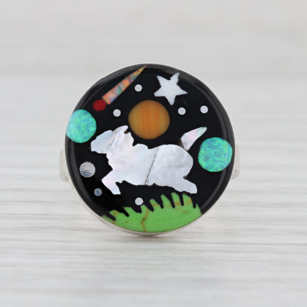 Capricorn Sheep Star Sign Ring Stone Mosaic Resin Sterling Silver Size 7.75-8