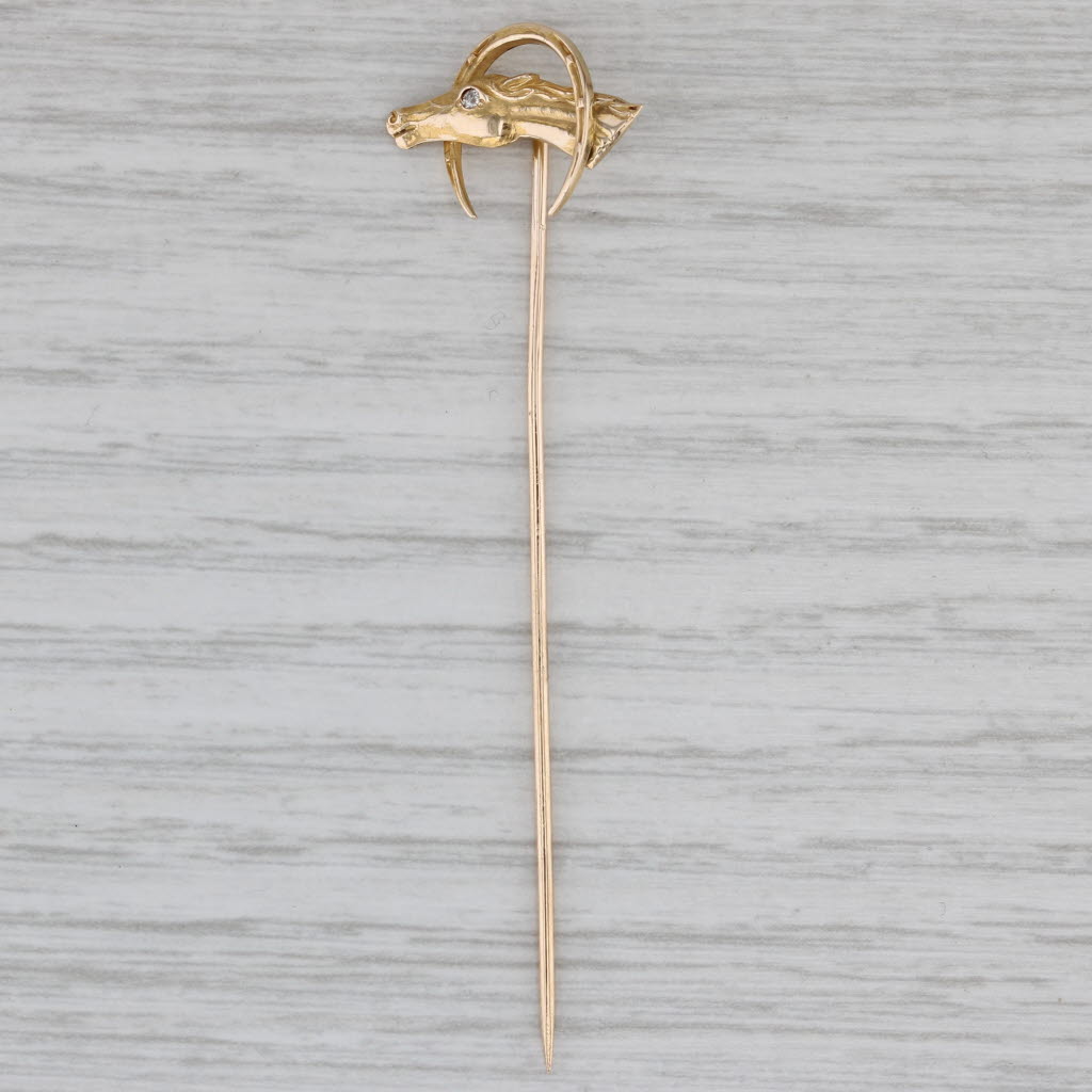 Gray Diamond Horseshoe Horse Stickpin 14k Yellow Gold Vintage Pin