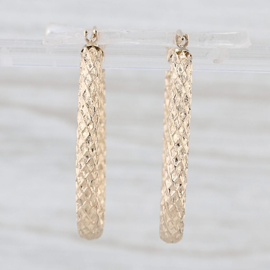 Crosshatch Oval Hoop Earrings 14k Yellow Gold Snap Top Hoops