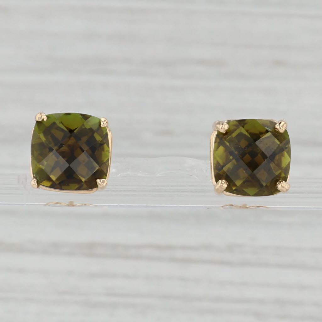 Gray 8.20ctw Green Tourmaline Stud Earrings 14k Yellow Gold Cushion Solitaire Studs