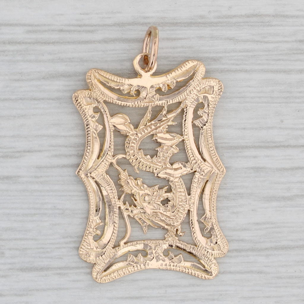 Gray Dragon Pendant 14k Yellow Gold Ornate Openwork Charm