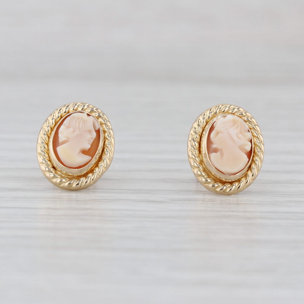 Vintage Carved Shell Cameo Stud Earrings 14k Yellow old Ornate Figural Studs