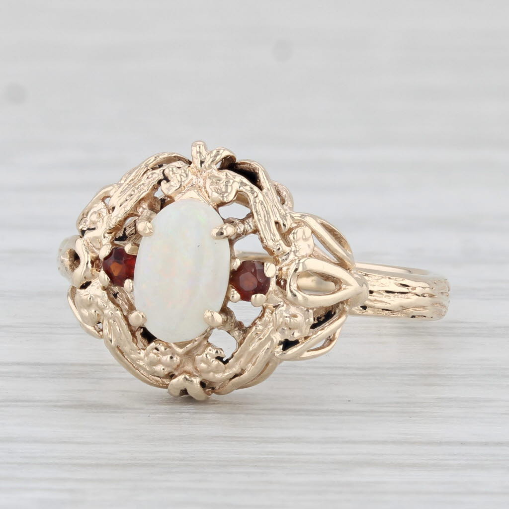 Light Gray Opal Oval Cabochon Garnet Ring 10k Yellow Gold Size 6.5