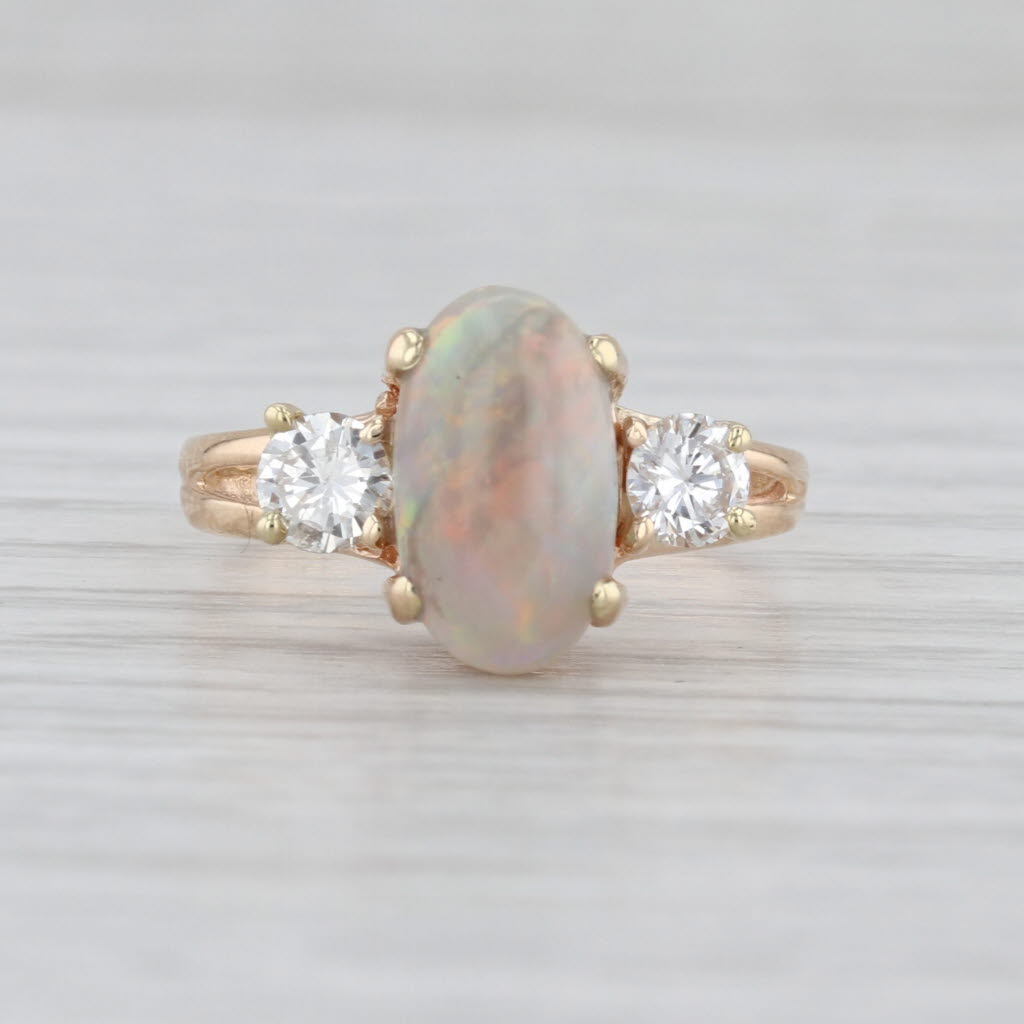 Oval Cabochon Opal Diamond Ring 14k Yellow Gold Size 6.25