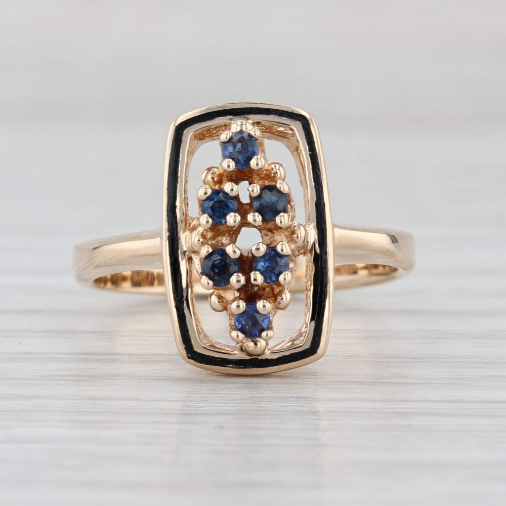 Blue Sapphire Cluster Enamel Ring 14k Yellow Gold Size 6.75
