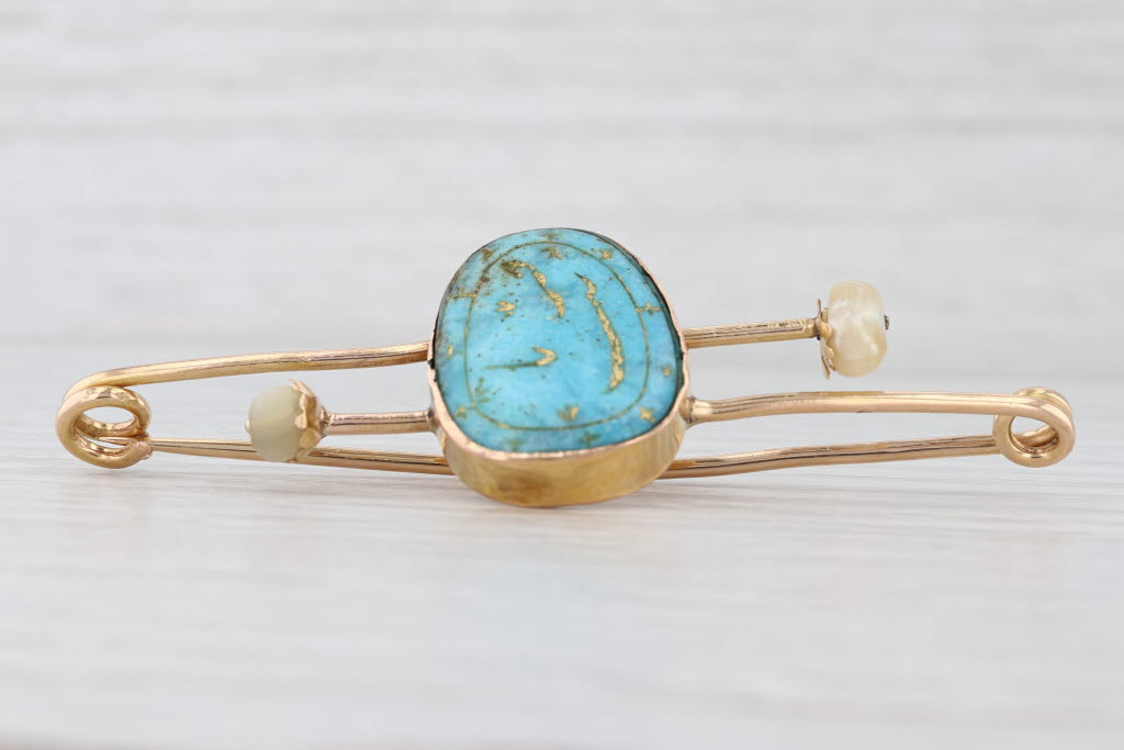 Light Gray Vintage Turquoise Pearl Mother of Pearl Brooch 18k Yellow Gold Pin