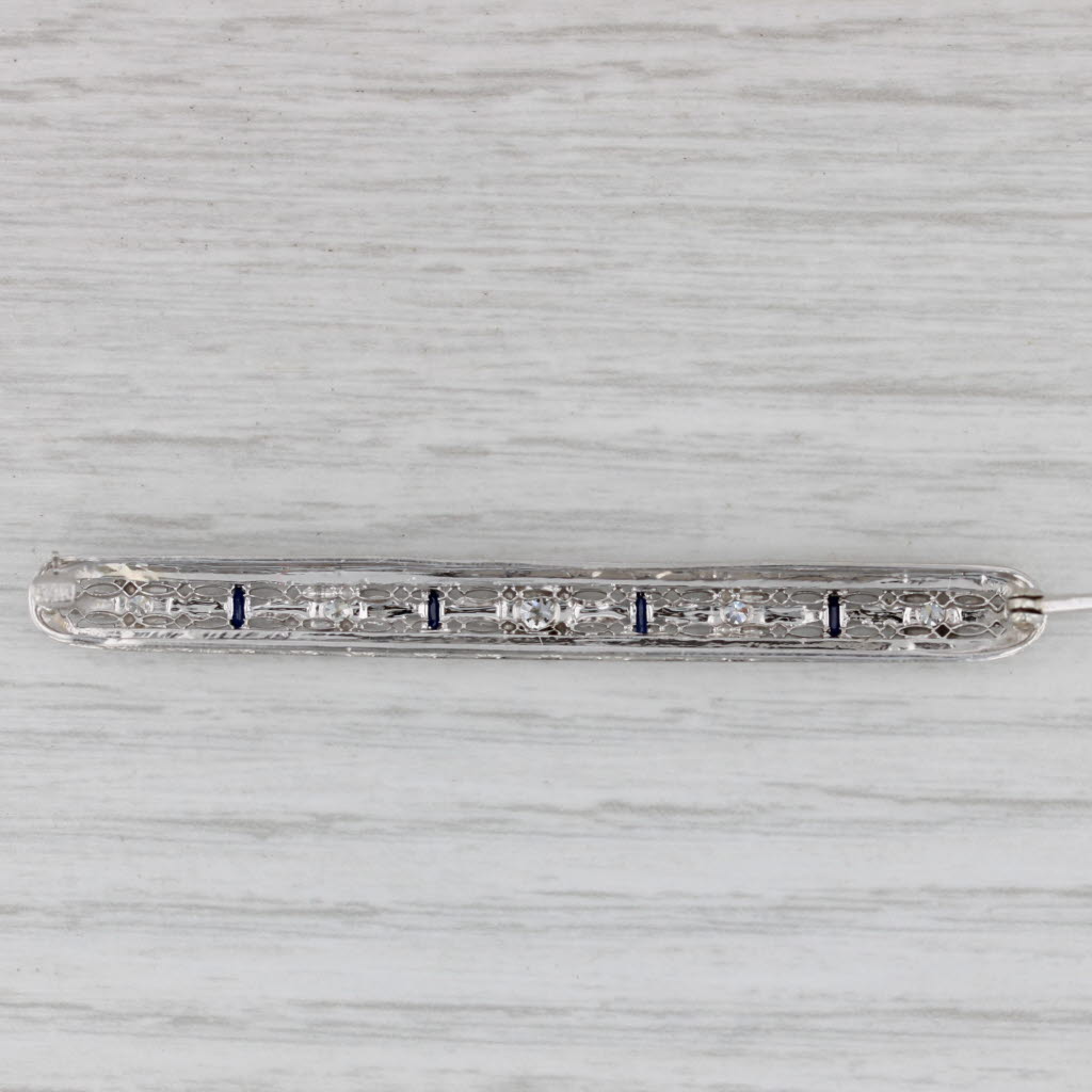 Gray Art Deco 0.44ctw Diamond Lab Created Sapphire 14k Gold Filigree Bar Pin