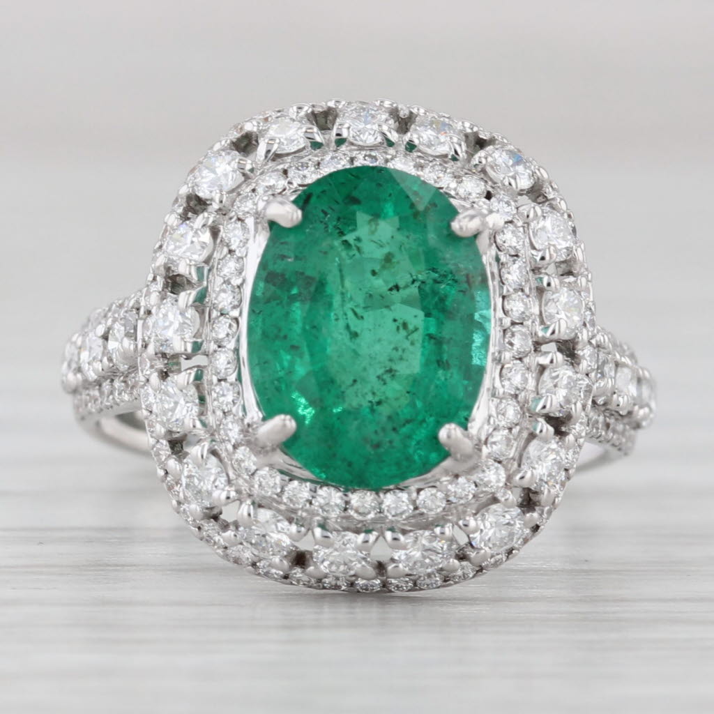 Light Gray 3.27ctw Emerald Diamond Halo Ring 18k White Gold Size 6.5 GIA Engagement