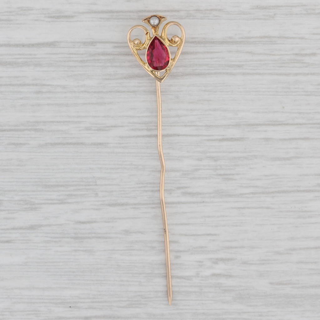 Gray Simulated Pearl Ruby Glass Stickpin 10k Yellow Gold Antique Pin