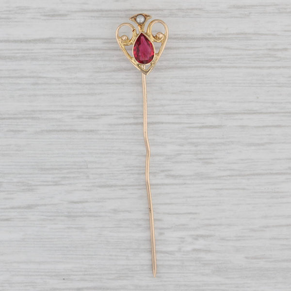 Simulated Pearl Ruby Glass Stickpin 10k Yellow Gold Antique Pin