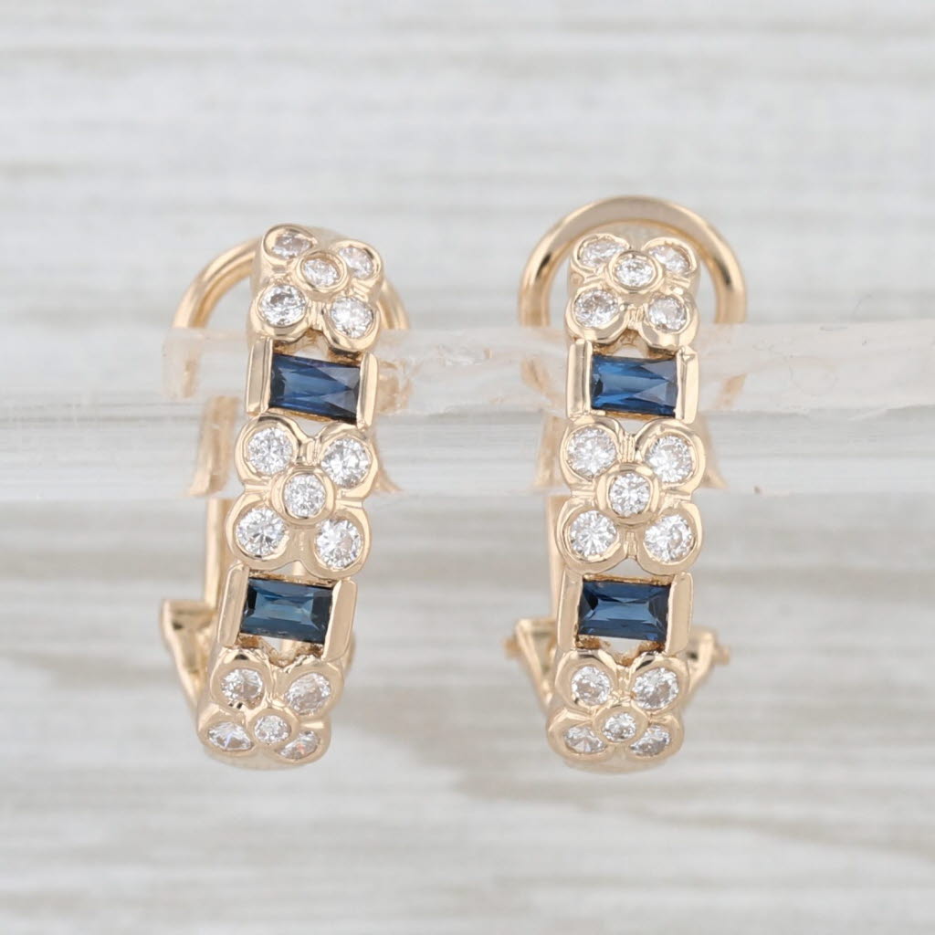Light Gray 1.44ctw Blue Sapphire Diamond J-Hook Earrings 14k Yellow Gold Omega Backs