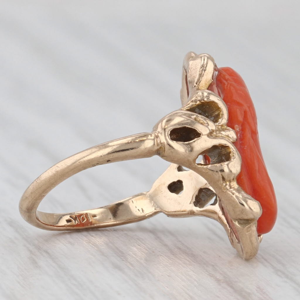 Light Gray Antique Carved Coral Cameo Ring 10k Yellow Gold Size 3.5