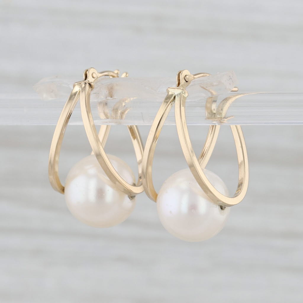 Cultured Pearl Oval Hoop Earrings 14k Yellow Gold Snap Top Hoops