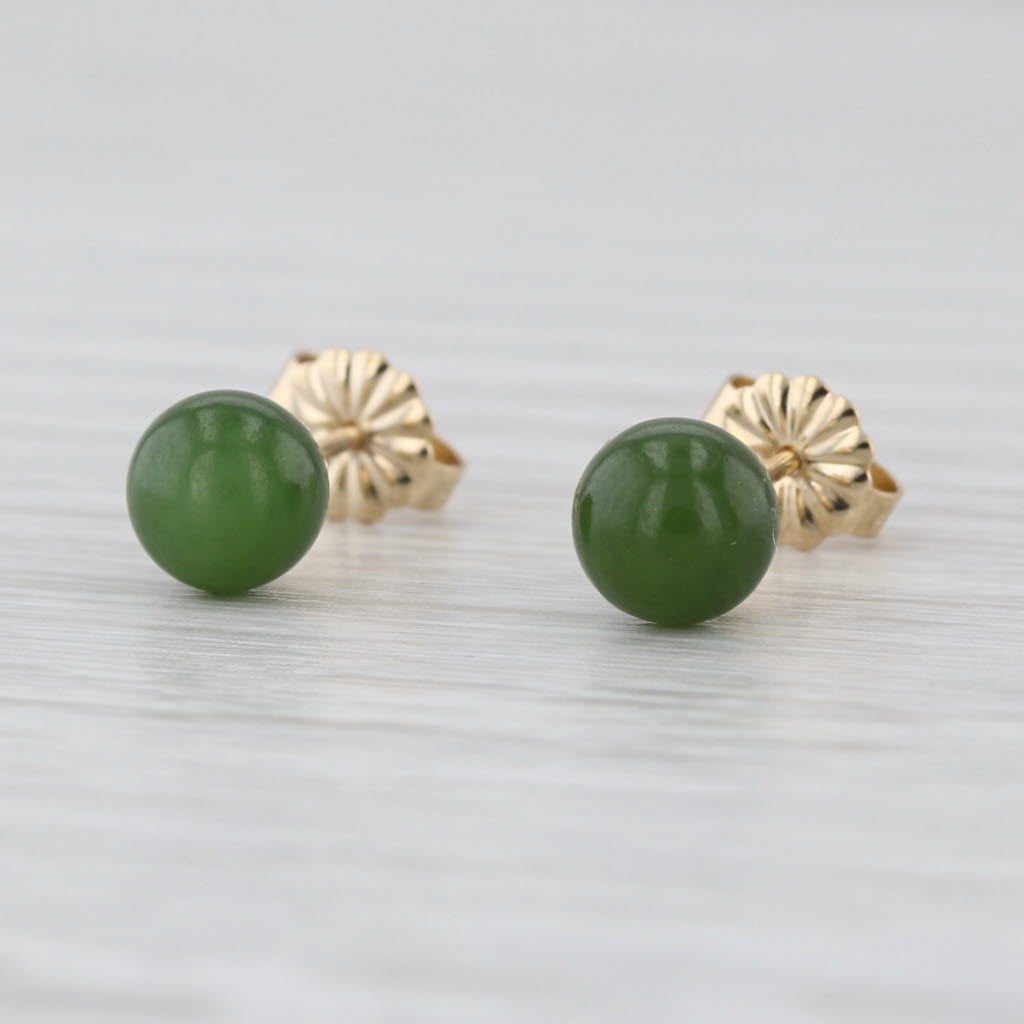 Vintage Green Nephrite Jade Bead Stud Earrings 14k Yellow Gold 6.1mm