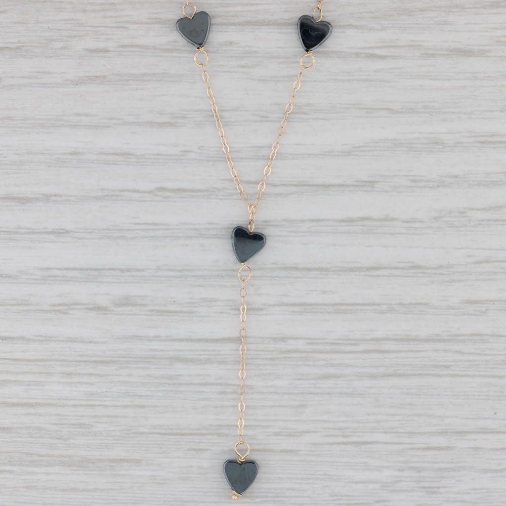 Gray Black Gray Hematite Hearts Lariat Necklace 14k Yellow Gold 16.25" Cable Chain