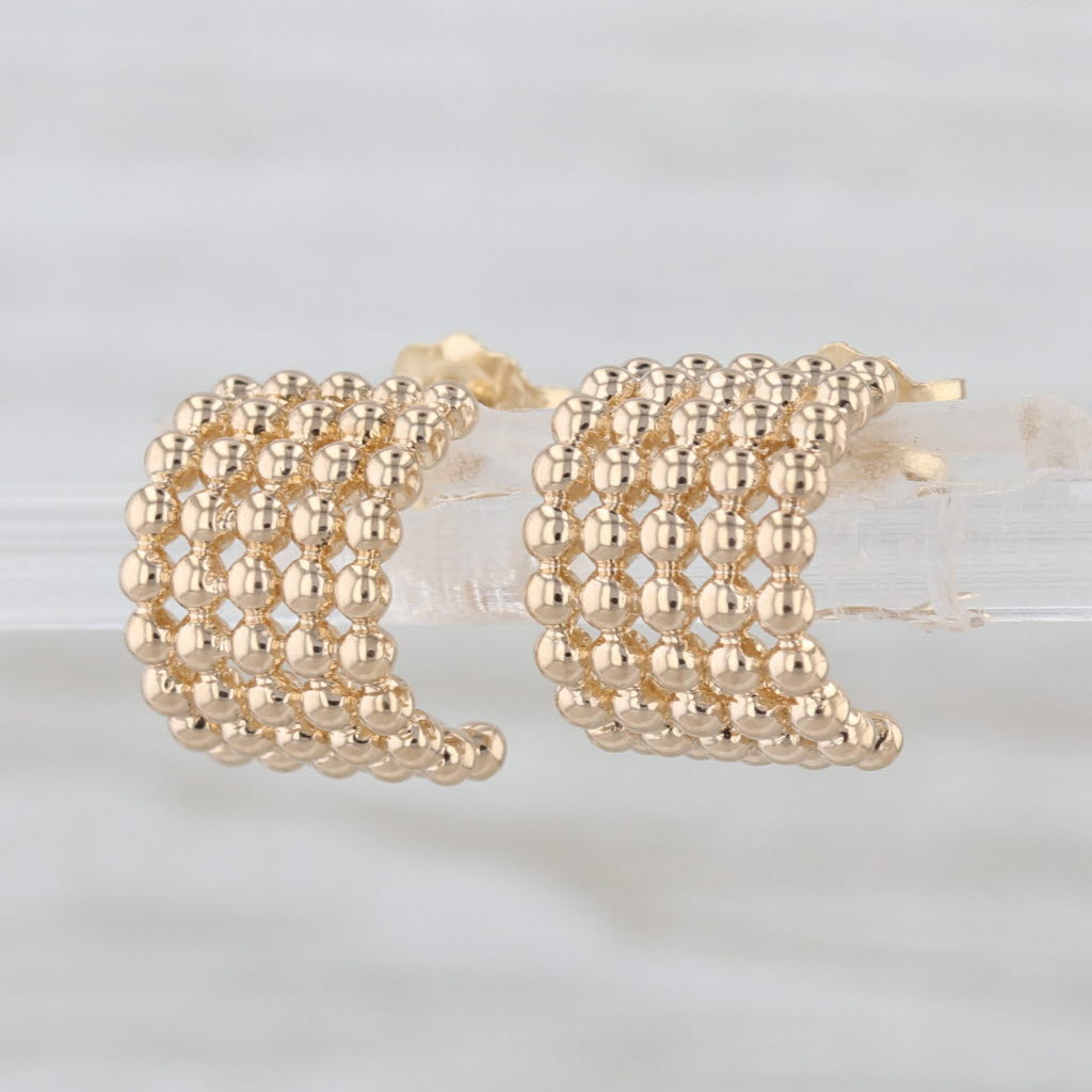 Bead Mesh Half Hoop Earrings 14k Yellow Gold Studs