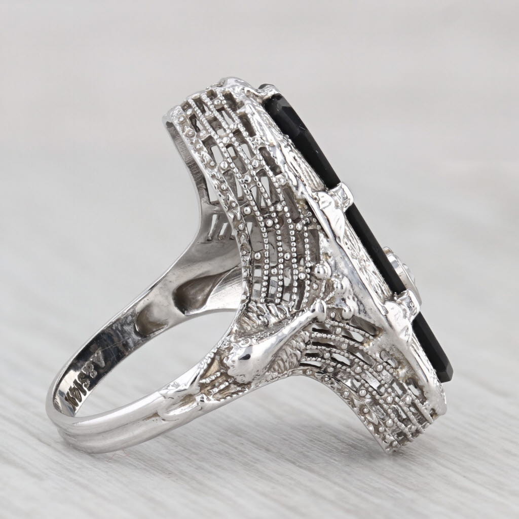 Light Gray Art Deco Bird Ring 14k White Gold Filigree Diamond Heart Parrots Peacocks Size 5