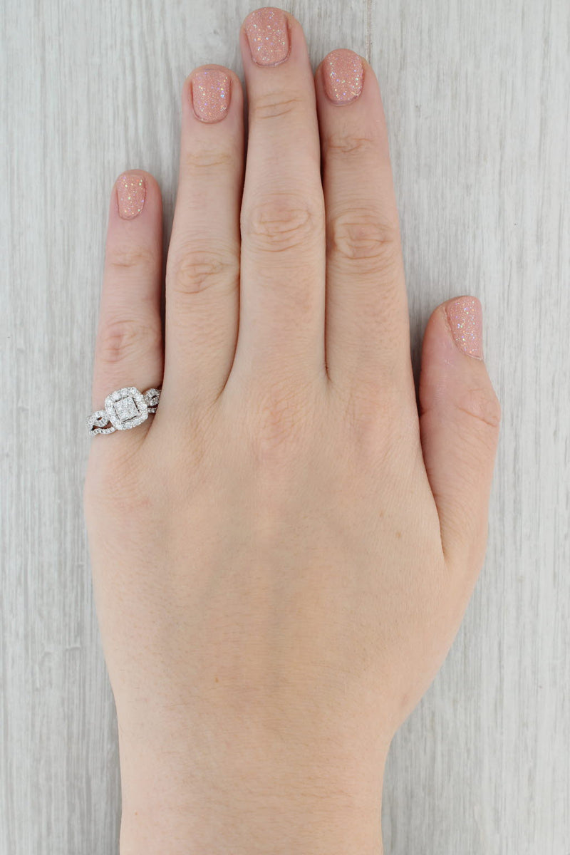 0.89ctw Diamond Halo Engagement Ring Wedding Band Bridal Set 14k Gold Size 6.5