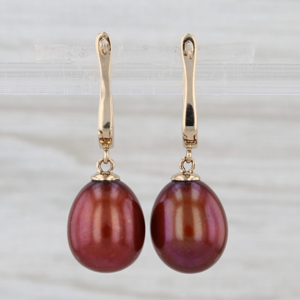Bronze Brown Cultured Pearl Dangle Earrings 14k Yellow Gold Snap Top