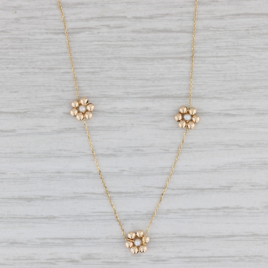 Gray Pearl Flower Station Necklace 14k Yellow Gold 17.5" Cable Chain