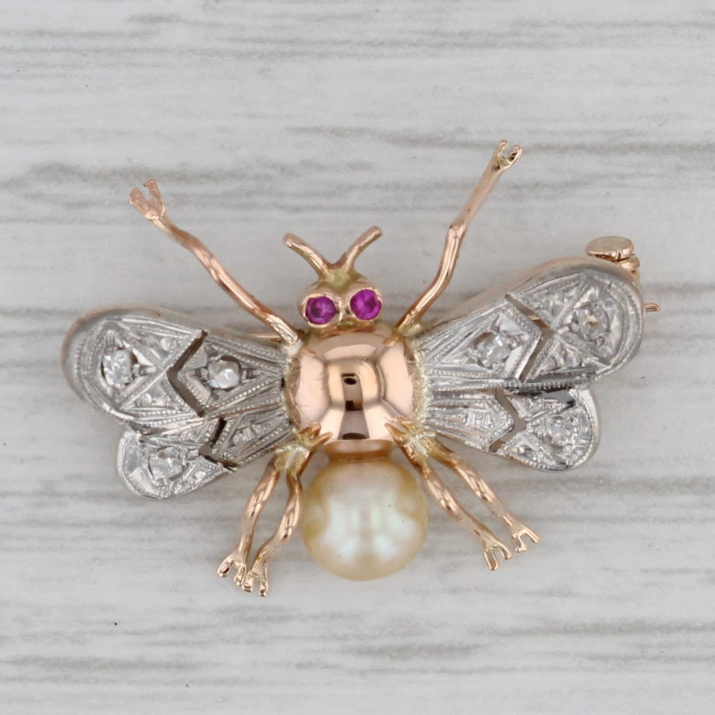 Gray Diamond Cultured Pearl Lab Created Ruby Winged Bug Pin 14k Gold Palladium Brooch