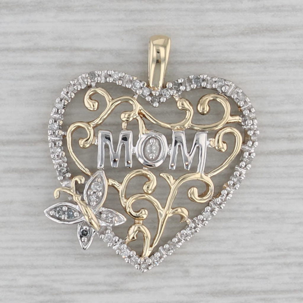 Gray Mom Floral Diamond Heart Pendant 10k Gold Openwork