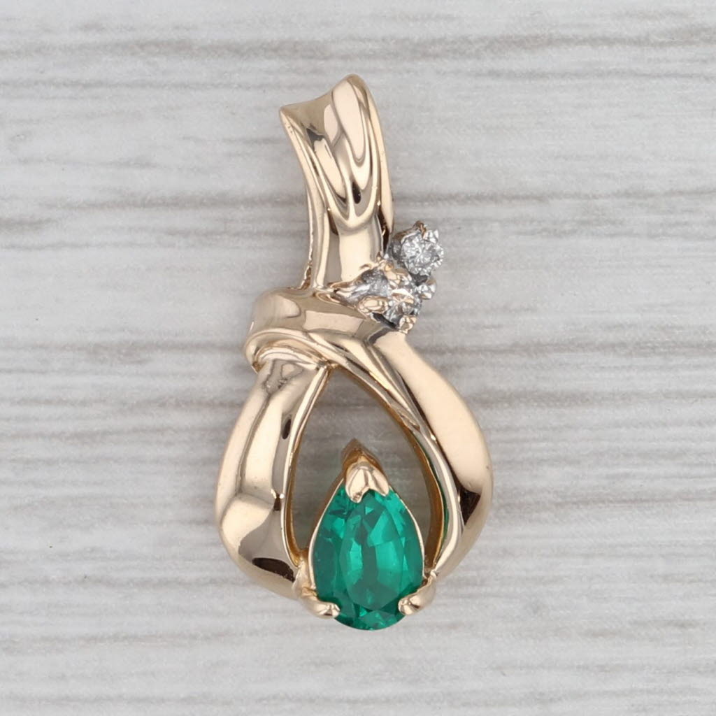 Gray Lab Created Emerald Diamond Teardrop Pendant 14k Yellow Gold