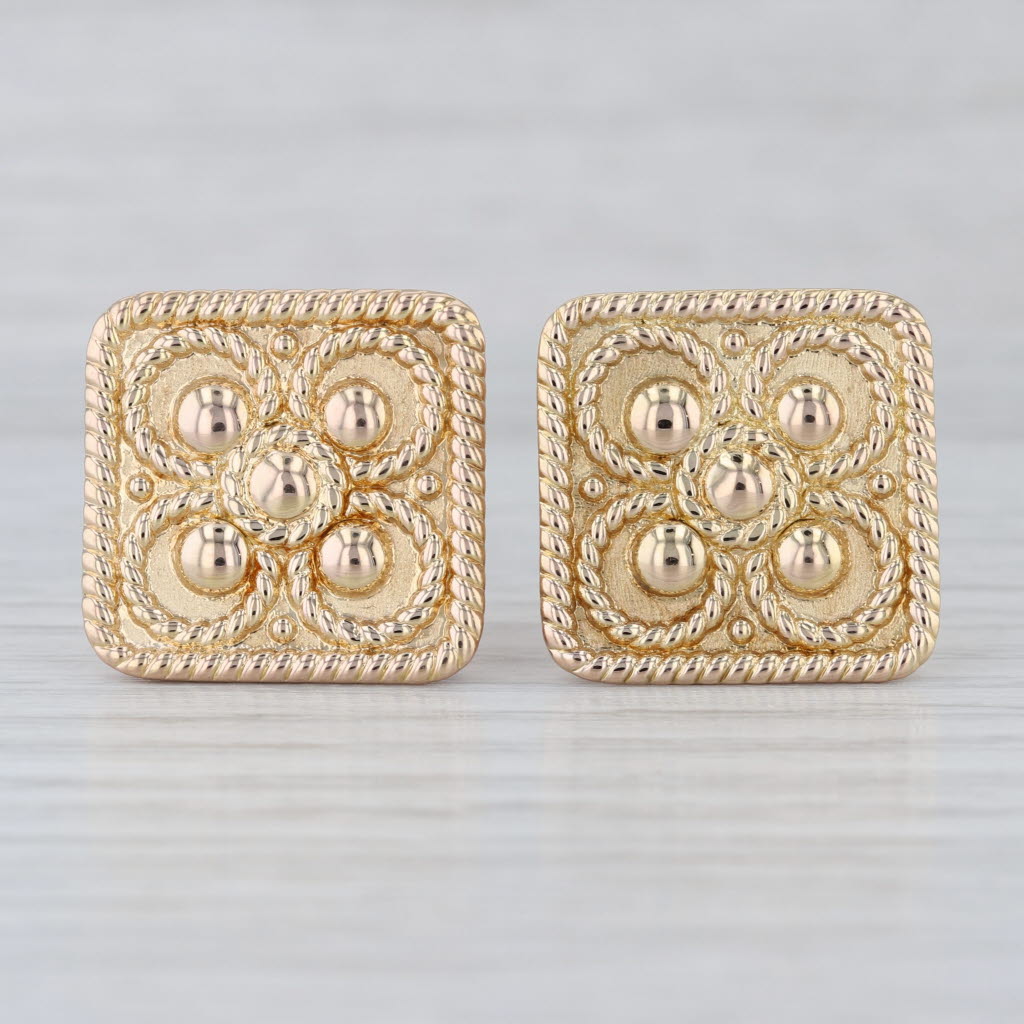 Milor Italy Ornate Square Stud Earrings 14k Yellow Gold Omega Backs Light Weight