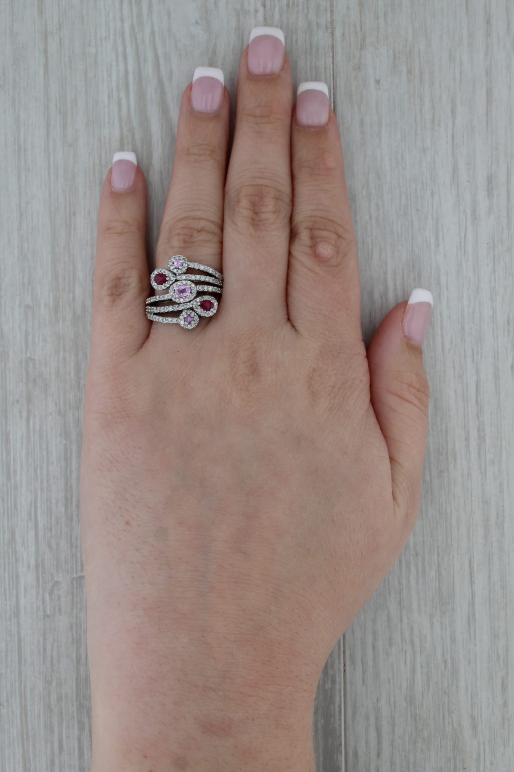 1.53ctw Diamond Pink Sapphire Ruby Cocktail Ring 14k White Gold Size 7.25