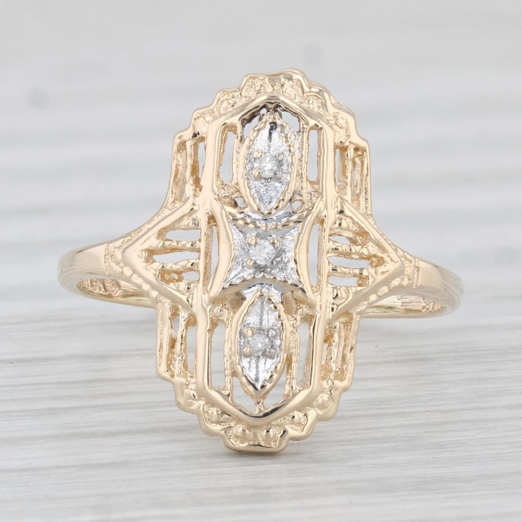 Light Gray Vintage Diamond Ring 14k Yellow Gold Ornate Openwork Size 6