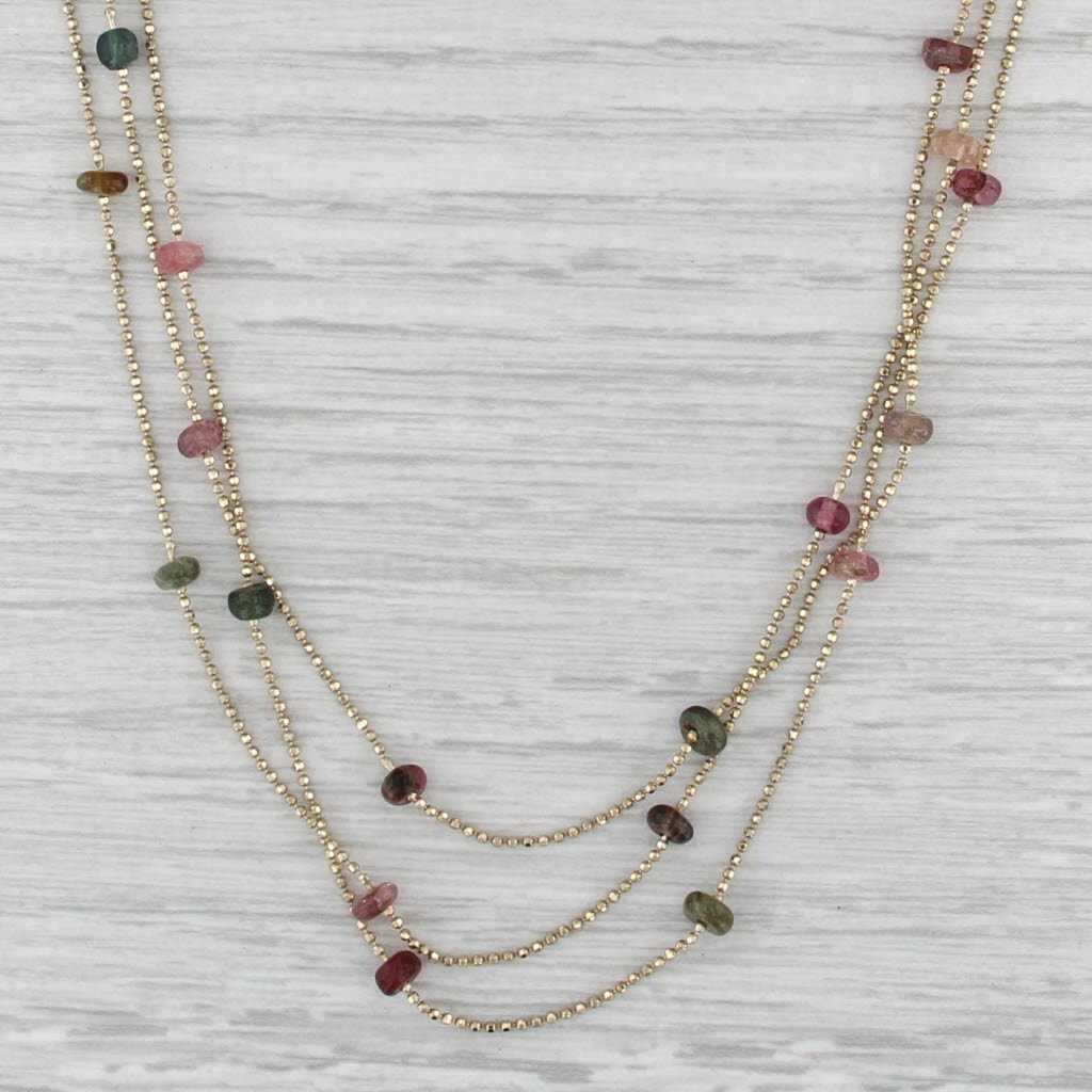 3-Strand Bead Chain Necklace Tourmaline Stations 14k Yellow Gold 17"
