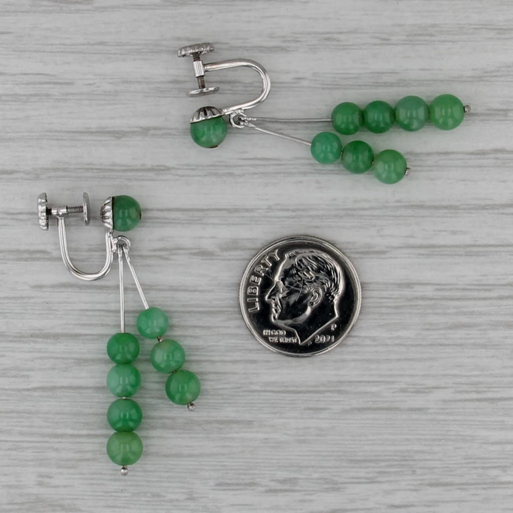 Green Jadeite Jade Bead Dangle Earrings 14k White Gold Screw Back Non Pierced